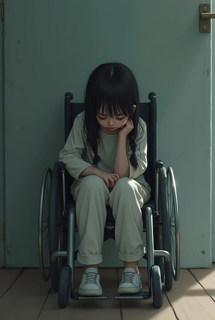 sad girl with her head down in a wheelchair with two braids 