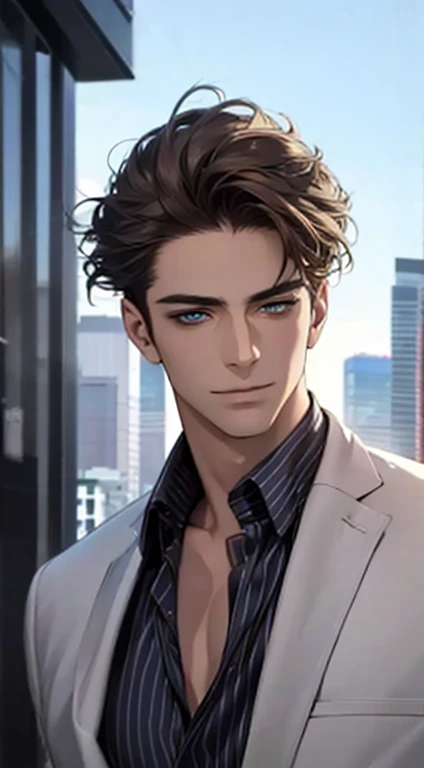 (best quality,4k,8k,highres,masterpiece:1.2),ultra-detailed,(realistic,photorealistic,photo-realistic:1.37),1 man,31 years old,mature man,very handsome,without expression,smile,short grey brown hair,blue eyes,penetrating gaze,perfect face without errors,im...