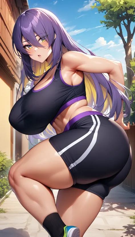 Moona hoshinova,concern,long purple hair,yellow inner hair,huge breast,huge ass,sport bra,long shorts,look at viewer,outdoor,side view