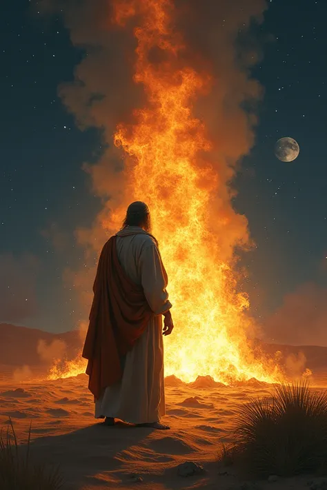 Moses talking to God in the burning bush in the desert at night 
