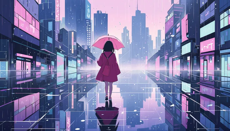 A cityscape of a girl walking in the rain with a cute umbrella, with a girl walking lightly against a background of reflective puddles and a quiet cityscape, Japanese anime style