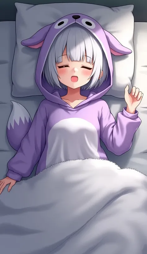  1 girl,  Grown Ups, short hair,White Hair, hospital bed ,sleep, closed eyes,Baggy clothes, pajamas with tails, costume pajamas , purple pajamas,fox pajamas ,big hood, high definition , masterpiece, accurate,  Very detailed,  textured skin , reality,Fluffy...