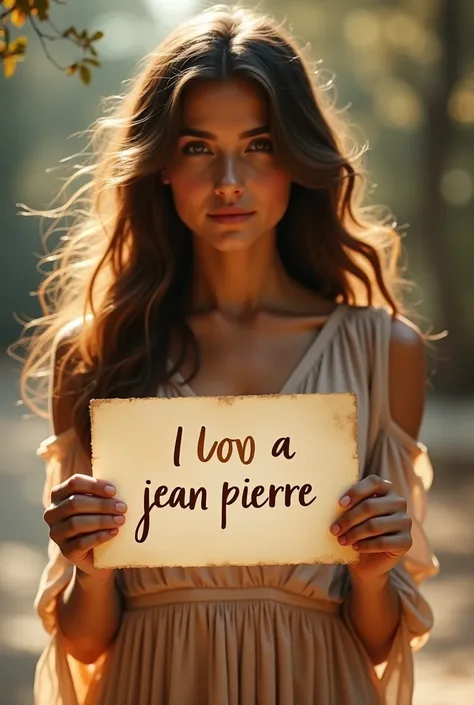  Beautiful almond girl with long wavy hair, bohemian dress, holding one to a white boy with the text  "I Love a Jean Pierre "  and showing it to the spectator