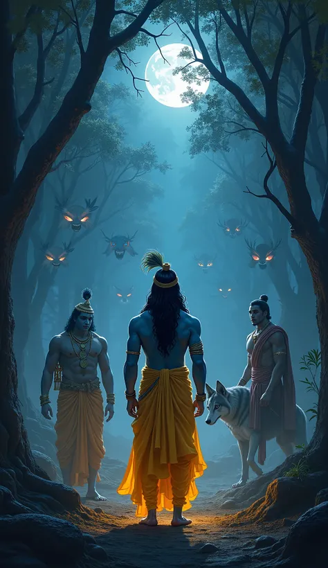 "A midnight scene in a dense, eerie forest where Krishna, with his radiant blue body and peacock feather crown, stands calmly in the center, wearing yellow robes that glow softly in the moonlight. To his left, Balarama, dressed in white, holds his plow, ex...