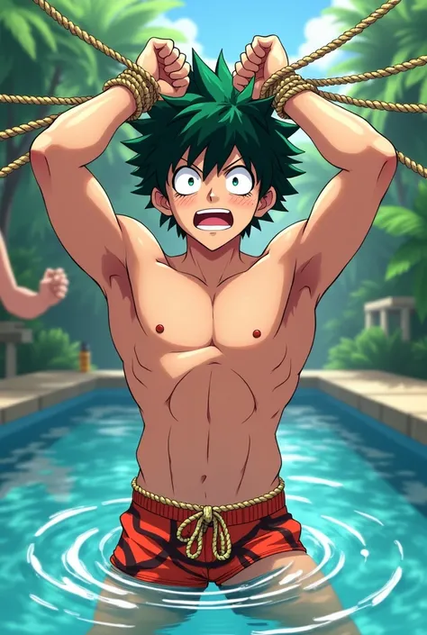 My hero academia) izuku Midoria in swim trunks and with his wrist tied up in the air with ropes and tickled