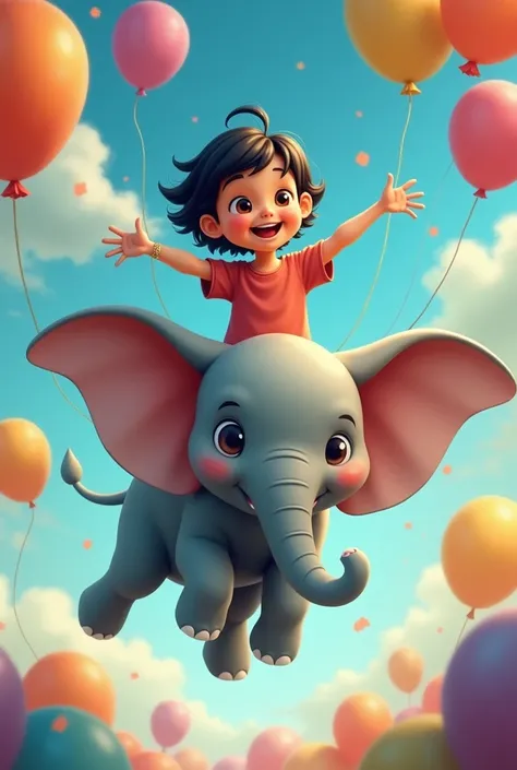 using the 1st image cartoon the 7th year  old girl black short hair . riding a flying Dumbo, her arms spread wide with a big smile, surrounded by colorful balloons.