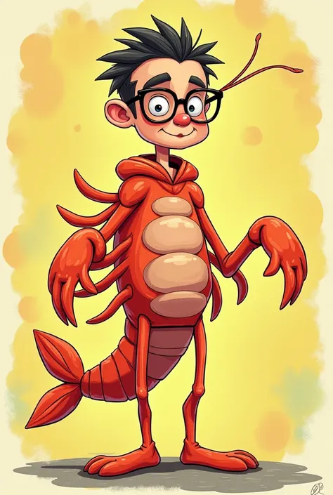 Slim man with glasses in shrimp costume cartoon 