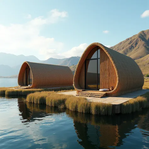 3 cabins with totora rooms and panoramic windows on floating Totora islands in Lake Titicaca connected with walkways near Huatajata