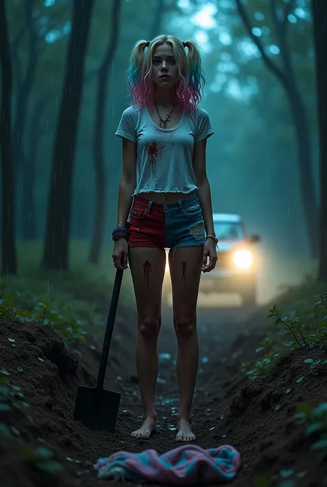 masterpiece,  best size ,  Harley Quinn A 22-year-old girl stands in the woods near an excavated grave, barefoot, , Curly blonde ,  hair tips half pink half blue medium length without styling, water on wet hair , torn, filthy,  white torn short t-shirt wit...