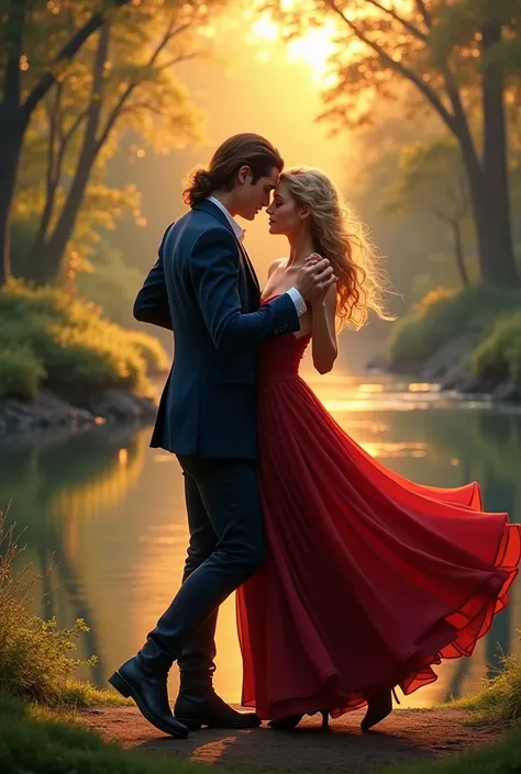  Couple dancing in the woods at sunset on the banks of a beautiful river.  He is a very handsome athletic 19 year old boy , high, long dark brown hair,  wears a dark blue suit inside a white shirt and black pants, black boots prince clothes .  The 18 year ...