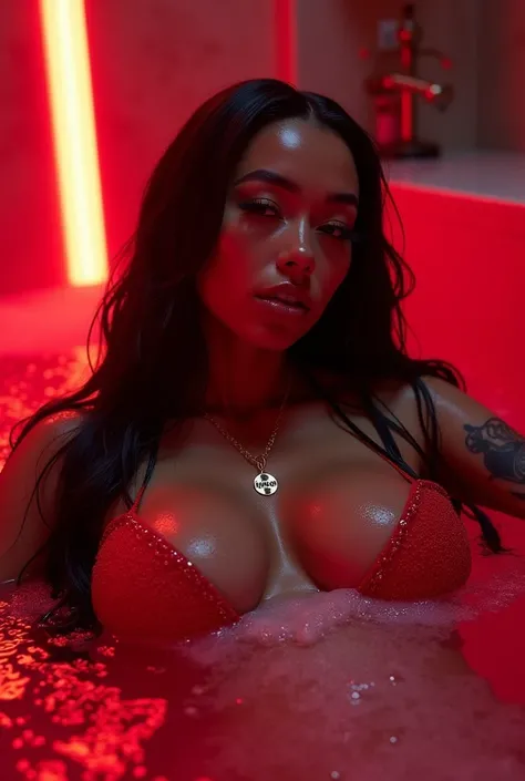 a baddie caramel, latina blasian mixed women,glossy skin extremely long glossy semi wet, black hair touching the floor, big booty,medium , perfect body,pretty,) tattoos on skin, necklace that says "(MARII)" laying in red pool water with bubbles and soap bu...