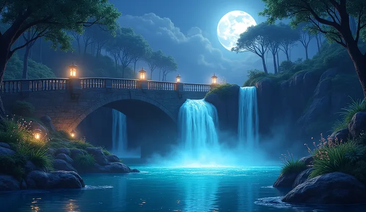 Create a detailed night scene featuring a large, majestic waterfall cascading into a glowing turquoise pool in the center of a lush forest. A stone bridge arches around the waterfall, adorned with glowing lanterns that reflect on the water’s surface. Soft ...