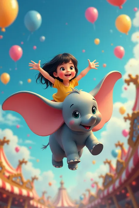 using the 1st image cartoon the 7th year  old girl black short hair . riding a flying Dumbo in the carnival, her arms spread wide with a big smile, surrounded by colorful balloons.