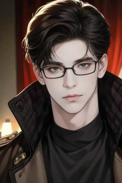 (tmasterpiece, high resolution, ultra - detailed:1.0), (1 boy, Young male), Eyes looking at the camera, Perfect male body, Extremely detailed CG, 8K wallpaper, Complicated details, solo person, Detailed face,(Black hair, brown coat,brown sweater, Glasses),...