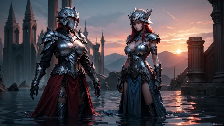 (sunset) Closed shimmering silver helmet   ( under the closed helmet, threads of Red Blued short two collor hair escape) (Huge Tits) . [Flooded  Dark  Fantasy ruins {Silver Armor and dress}]. 