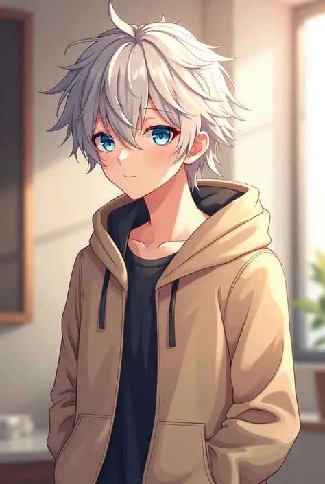 "An anime-style illustration of a young male character with white, messy, layered hair and striking blue eyes. He has a calm and thoughtful expression, wearing a beige hoodie with a slightly open collar, revealing a darker inner layer. The background is so...