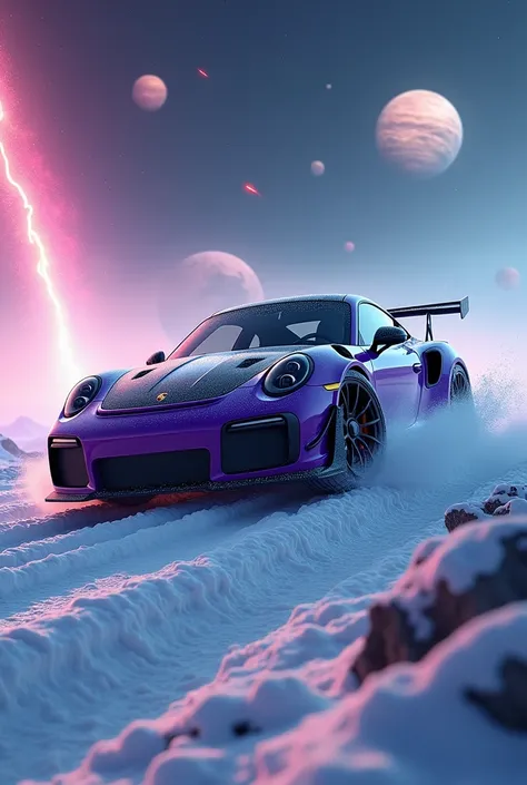  GENERATE AN IMAGE OF A purple PORSCHE 911 with black details, jumping in the snow ,  WITH A LANDSCAPE OF SEVERAL PLANETS SURROUNDING , Meteors falling,  high quality , cinematic lighting, 8k