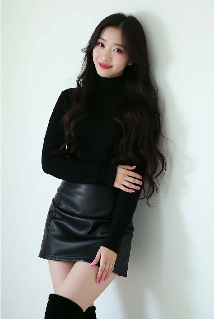 "K-pop style women&#39;Realistic images、     Korean Beauty     , length, Wavy black hair.  white wall background、black long sleeve high neck sweater 、 black miniskirt    、     shes posing for the camera 。Full body image of me  、  Im wearing black long boot...