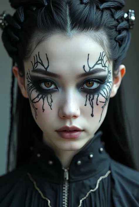 a close up of a woman with tattoos on her face, white chinese, fractalpunk, intricate braided hair, matte painting portrait, beautiful chinese woman, light white skin, she is dressed in priestess clothes, tattooed face, cryptopunk, heavy makeup, black eyes...