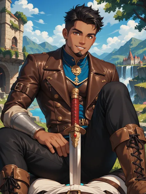 {{upper body}} {{Artist: sincos}} 1boy, pov, young man, black hair, short hair, black male, dark skin, hazel eyes, goatee , brown leather vestment, black trousers, black boots, short sword across back, fantasy, outdoors, adventurer