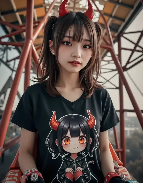 (She is enjoying the most terrifying roller coaster ride wearing a tee with a large print of her favorite cute devil girl), ultra-realistic, photorealistic, dramatic scene, shadow, global-illumination, solo, (20 years old Japanese famous idol girl:1.5), ba...