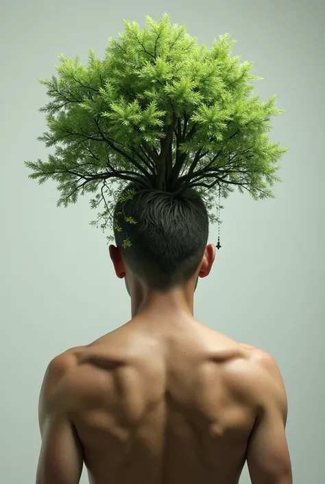 A man with no hair ， grows a tree like a forest on his head，Its a rear view