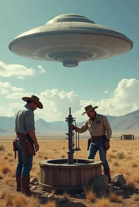 Farm Life, the Western Frontier period, Cowboys pumping water from a well, (Masterpiece), (Best Quality), (Ultra high Detaile), a big UFO floating