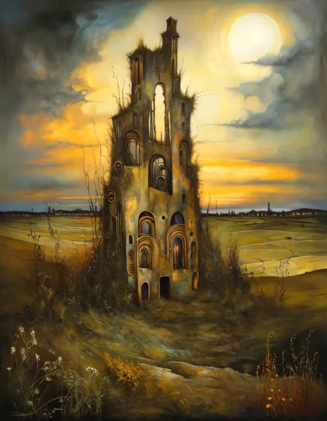 style inspired by Gustav Klimt, and Leonora Carrington. Ancient City Ruins. grass. crumbling towers, sunlight filtering through clouds, sense of decay and abandonment, moody color palette, golden hour lighting, mysterious atmosphere, fantasy landscape, esa...