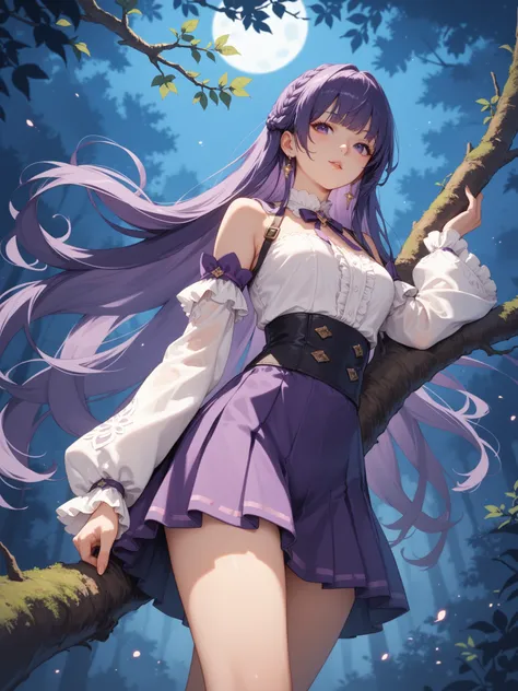  A young anime woman in a purple forest at night ,  the woman is on the branch of a tall tree ,  view from below ,  the woman wears a white blouse with sleeves , a short purple skirt ,  the woman has very long amarist hair ,  dark purple eyes,  from the po...