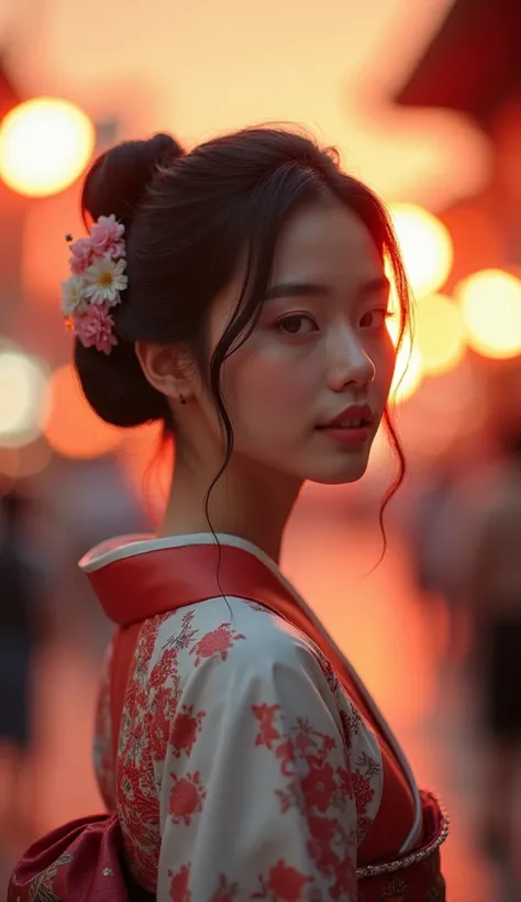 (((top quality, 8k, masterpiece))), crisp focus, (beautiful woman with perfect figure), slender, (hairstyle: up)), ((kimono: Kara)), street: 1.2 Highly detailed face and skin texture Detailed eyes Double eyelids random posture, (smile),super cute Japan per...