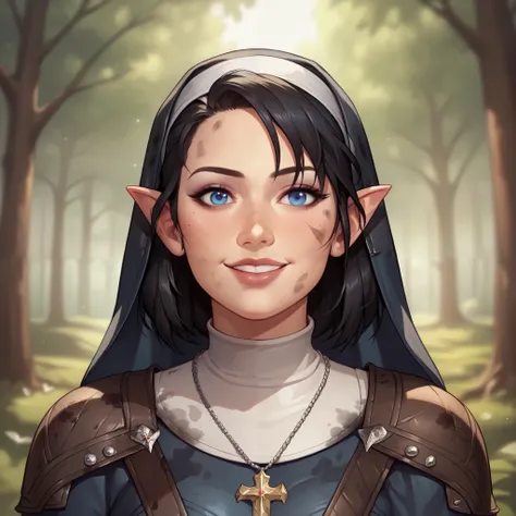 (((beautiful, high quality, comics style, detailed face))), score_9, score_8_up, score_7_up, BREAK, 1girl, duxlipa, warrior nun, small pointed ears, black hair, blue eyes, leather armor, (leather shoulder pads:1.4), simple pendant, nun veil, dirty clothes,...