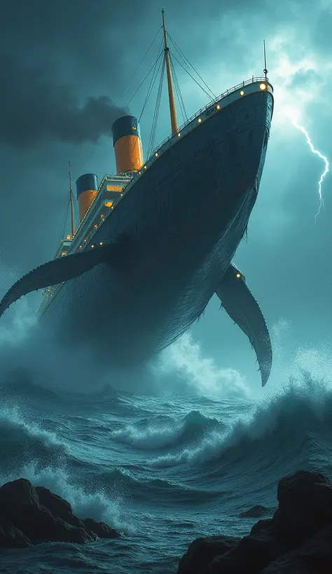 A terrifying hybrid creature emerges from the depths—a Blue Whale fused with metallic elements of the Titanic. Its massive body glints with rusted steel and barnacles, while its glowing porthole-like eyes radiate eerie light. Titanic-like funnels line its ...