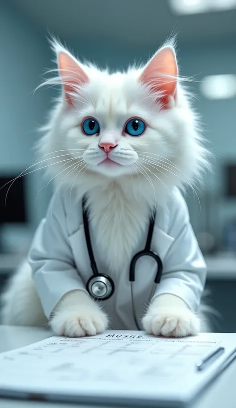  An impeccable white Angora cat , with long, silky coat ,  appears characterized as a doctor in a modern clinic .  He wears a small coat white adjusted to your elegant size ,  with a miniature stethoscope hanging around the neck .  His bright blue eyes con...