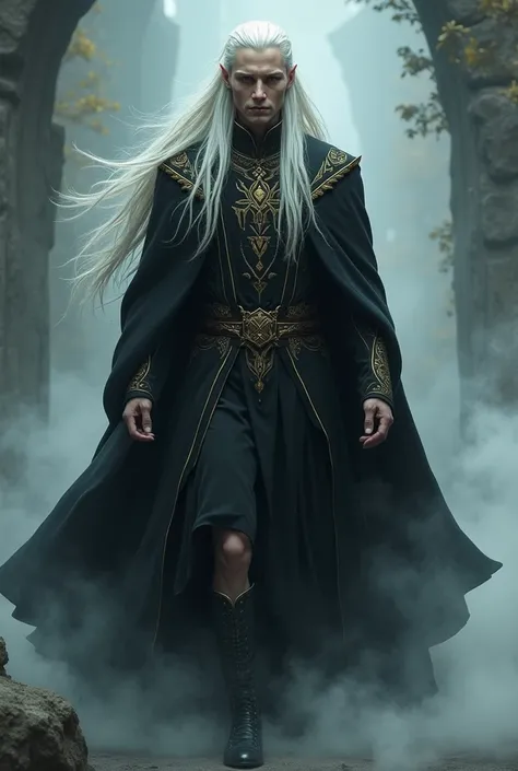 Generate a dark elf man, long white hair,  wearing a black and gold robe,  with surrounding calves  