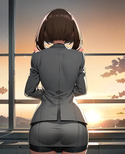 Ochako Uraraka,  custom gray suit , black tie, short skirt, lifting skirt 3 /4,  panties floral texture, medias negras,  medium buttocks , Perfect glutes, medium legs, smiling, classroom, sunrise, back