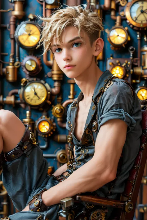 A full-body photo of a young  male cute boyish imature shirtless 18yo teenager, Innocent face, innocent expression super skinny, blond, handsome, cute handsome boyish face,   wearing a super tight steampunk shorts hyperrealism photo. Full-body male focus. ...