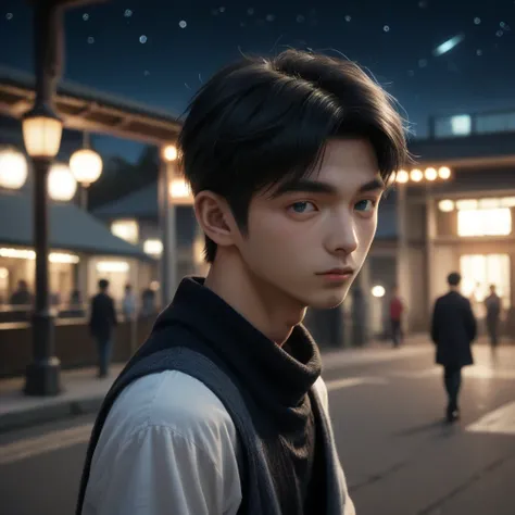 星空の下を(( walking )),Black-haired boy,dark blue eyes,Age 19, Japanese,Nagi XL,black knit,slim, blush,best quality, Dim lighting　portrait,( Realistic) 8k frontal shot under the starry sky