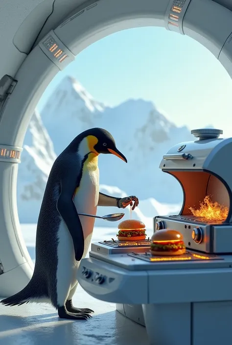 A futuristic penguin in a futuristic igloo making hamburgers at a futuristic barbecue 