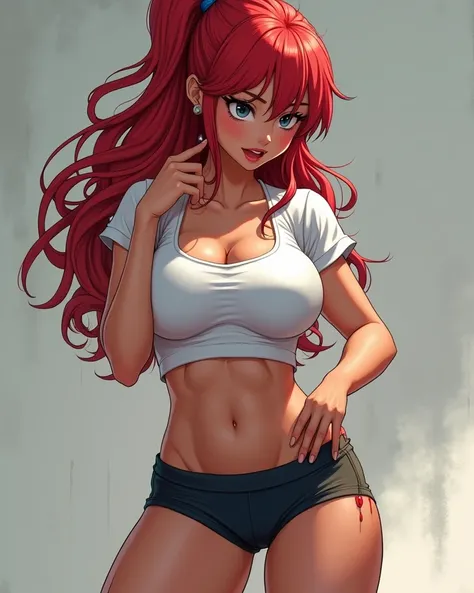 non-realistic anime art only in 2D illustration quality 1 "  girl with brown skin age 20 years old eyes white like snow red hair color
Beautiful big boobs very big ass big thighs very sexy 
The girl is wearing a very short shirt showing her breasts a littl...