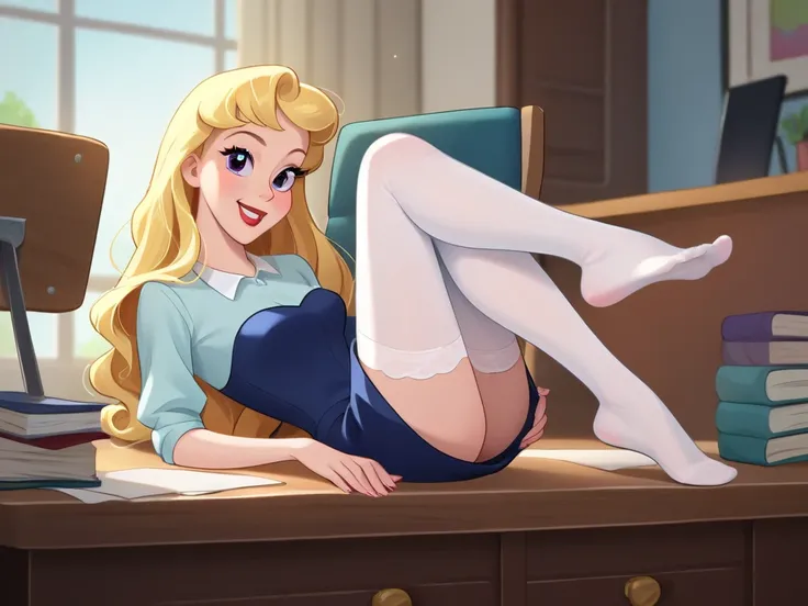 PonyXLV6_Scores ,source_anime, masterpiece,best quality, highly detailed,cinematic,
BREAK
princess Aurora,1girl, solo, full body view, Blonde and loose hair, thin face, purple eyes, red lips, smiling, dressed as sexy secretary, lsheer stockings, (laying on...