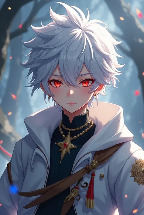 Anime boy white hair cool fantasy red eye