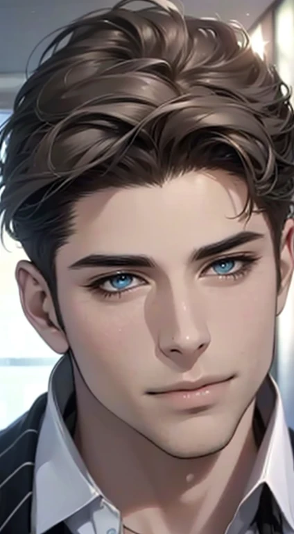 (best quality,4k,8k,highres,masterpiece:1.2),ultra-detailed,(realistic,photorealistic,photo-realistic:1.37),1 man,31 years old,mature man,very handsome,without expression,smile,short grey brown hair,blue eyes,penetrating gaze,perfect face without errors,im...