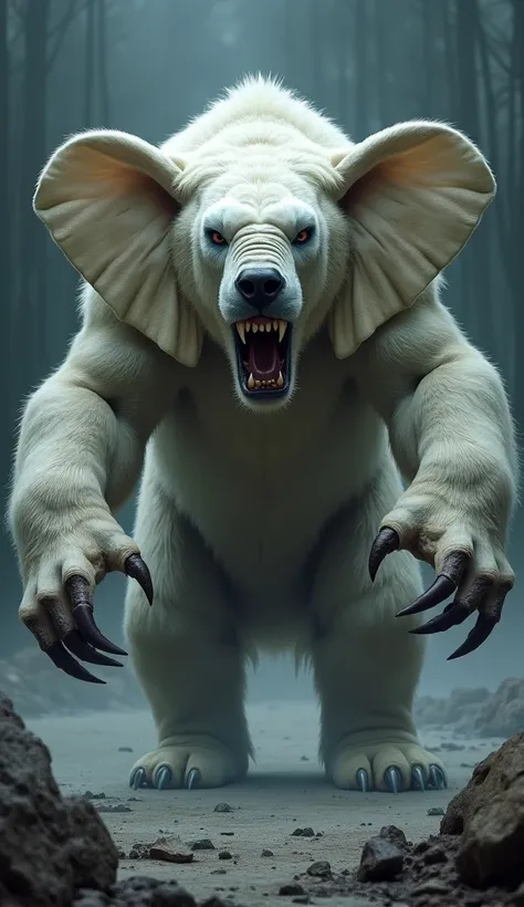 Create an image of an angry hybrid animal fusion of an polar bear with a elephant, roaring, scary, sharp nails, big fangs