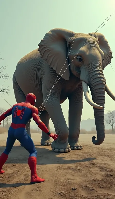 A dead elephant is lying on the ground and a spiderman is attacking the elephant.