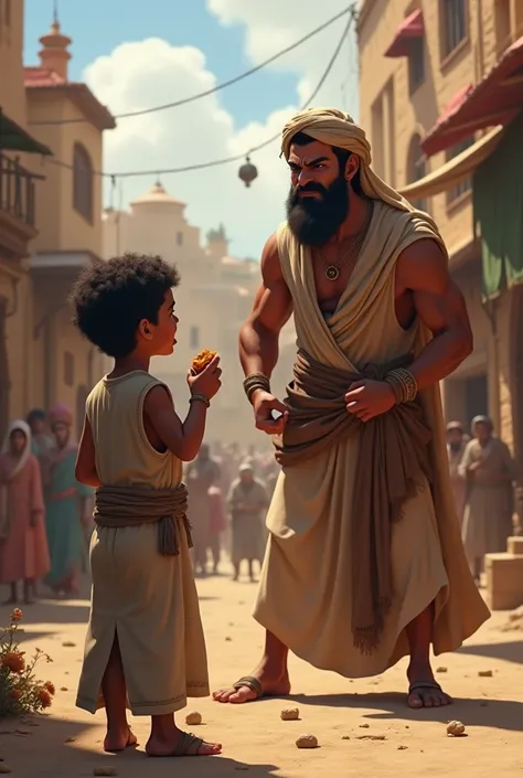 a  Arab boy with short hair eating in the middle of a street in an active village while standing in an Arab in ancient times,  and there is a grown man with athletic body ,  wearing traditional clothes resembling the fashion of ancient times , with a cloth...