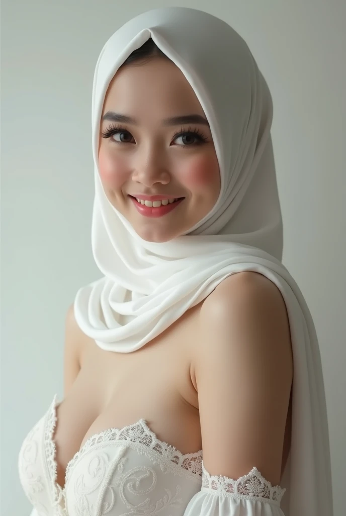 beautiful realistic white hijab malay girl with beautiful big breast naked nude smile full body