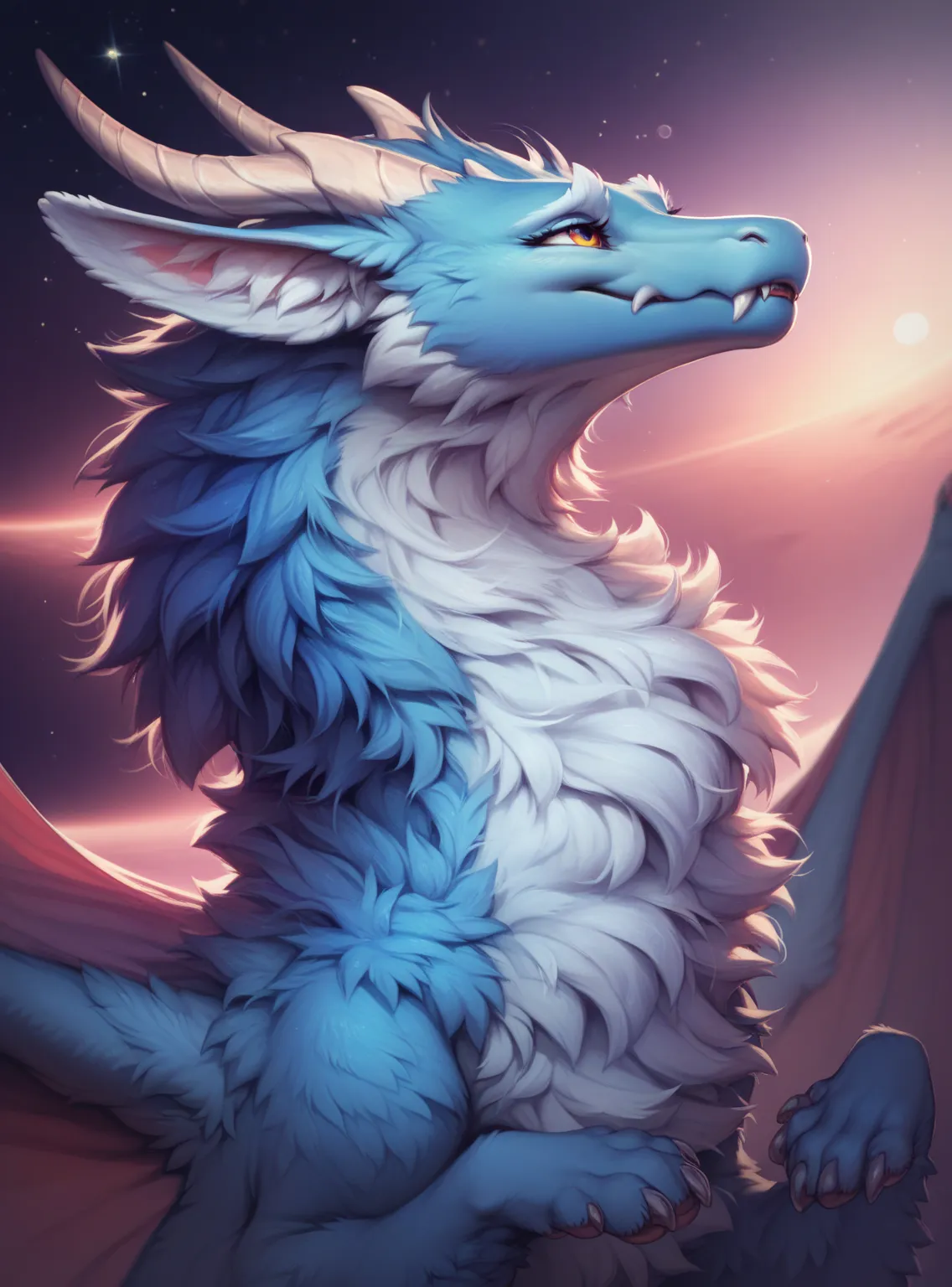 furry art, feral, furred dragon, female, full body, white and blue fur, thicc, wings, horns, tail, chest fluff, paws, fangs,  to...