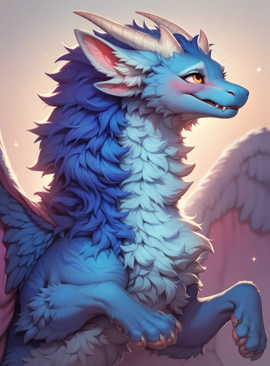 furry art, feral, furred dragon, female, full body, white and blue fur, thicc, wings, horns, tail, chest fluff, paws, fangs,  ton back, legs spread, close up, embarrassed, happy,  staring off into space, extra fluffy,  staring off into space, extra fluffy,...