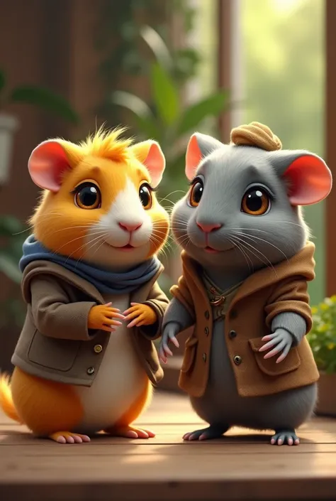 Humanoid yellow guinea pig in clothes making passes with a humanoid gray guinea pig in realistic clothes