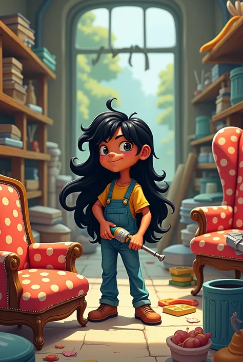  cartoon, Womens large upholstery ,  cinnamon-skinned boy,  with long black hair and a drill in her hand,  with furniture and cushions and skeletons of furniture in a workshop 